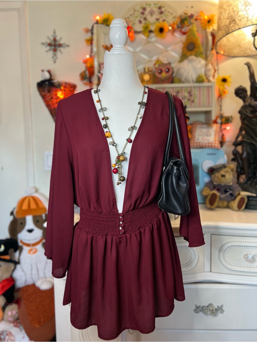 torrid Burgundy V-Neck Smocked-Waist Mini Top